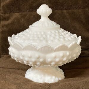 Fenton White Hobnail Candy Jar Footed Glass Dish 6.75” X 6.5” Made 1968-1989 USA